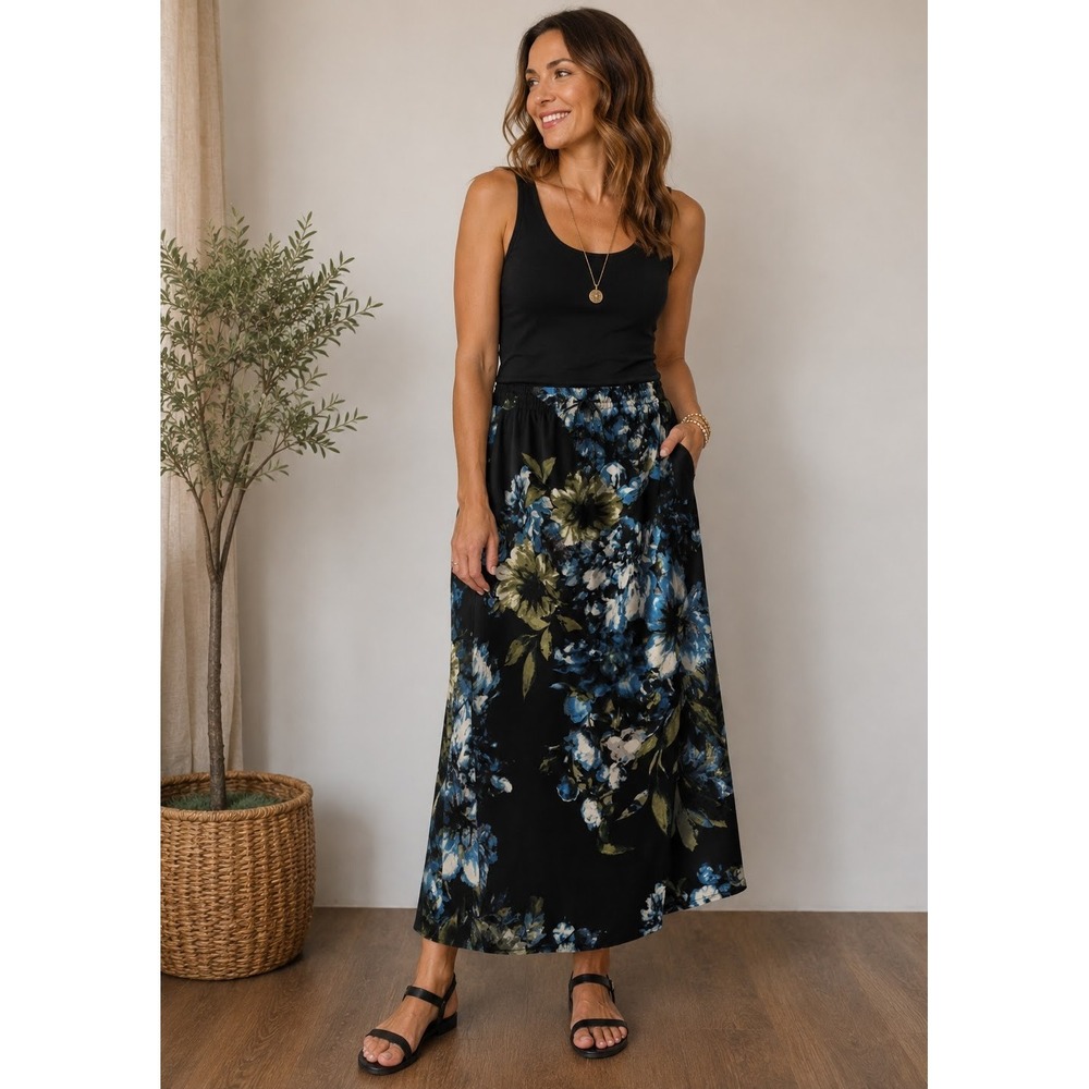 Dressbarn Womens Skirt 20W Black Blue Floral Elastic Waist Chiffon Maxi